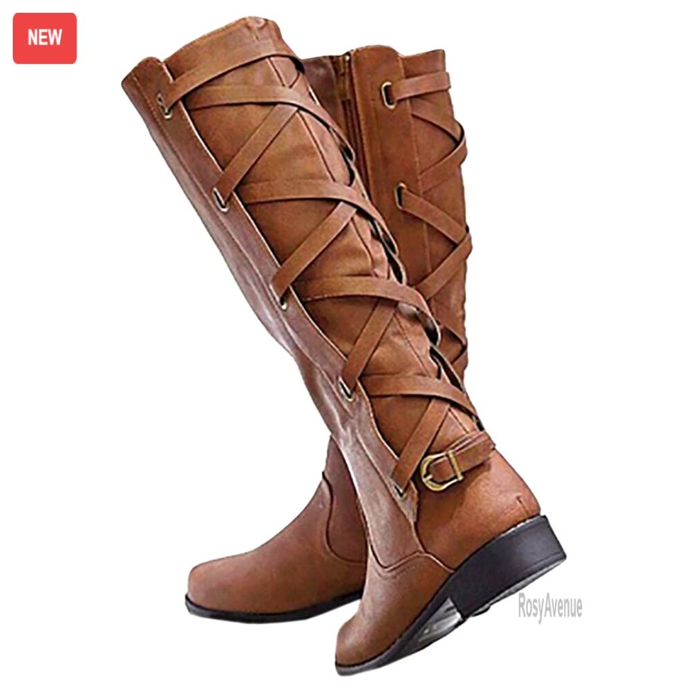 Women's Knee High Motorcycle Boots Lace Up Strappy Flat Heel Riding Shoes